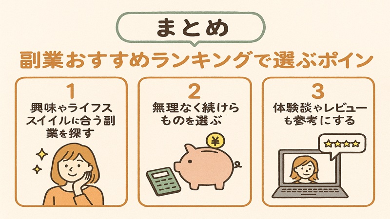 【まとめ】副業おすすめランキングで選ぶポイント