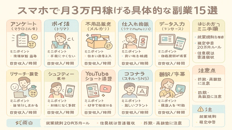 スマホで月3万円稼げる具体的な副業15選